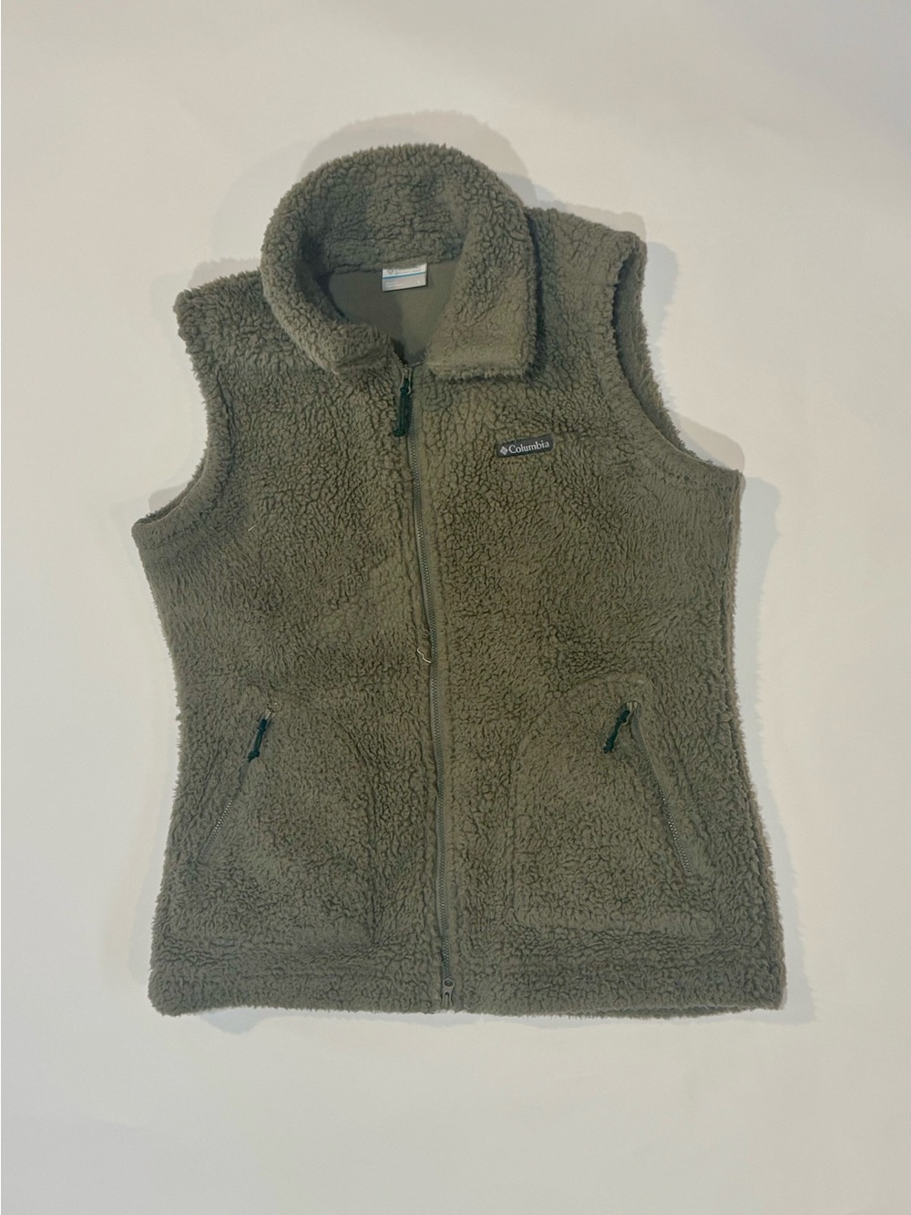 Columbia Women’s Sherpa Fleece Vest Olive Green Full Zip Size Large VERY Soft